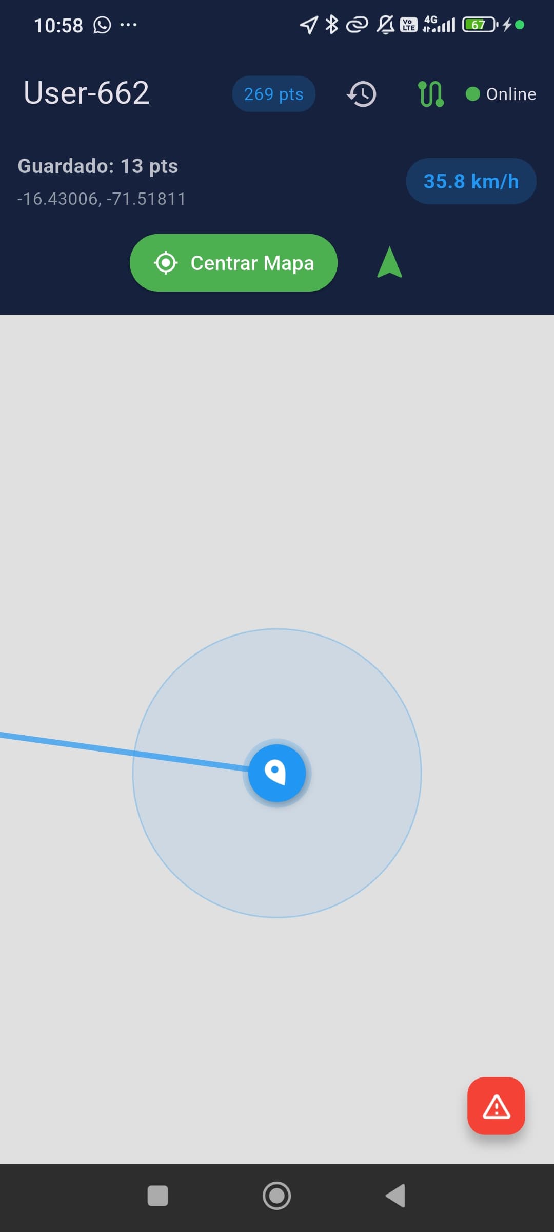 GPS en vivo · User-662 · 35.8 km/h · Arequipa