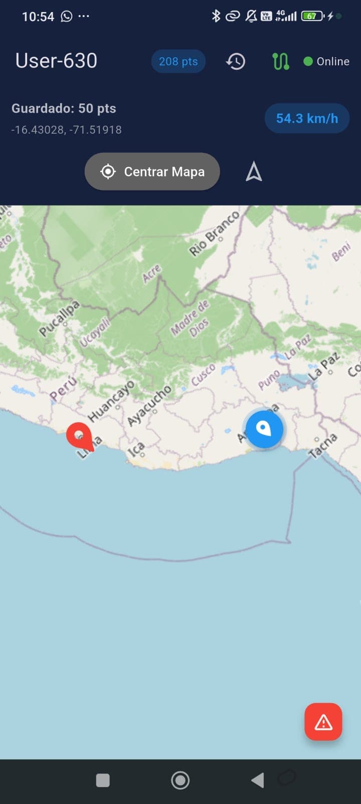 Mapa de ruta · User-630 · 54.3 km/h · Lima–Arequipa